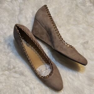 Vaneli Taupe Wedges with Gold Accents